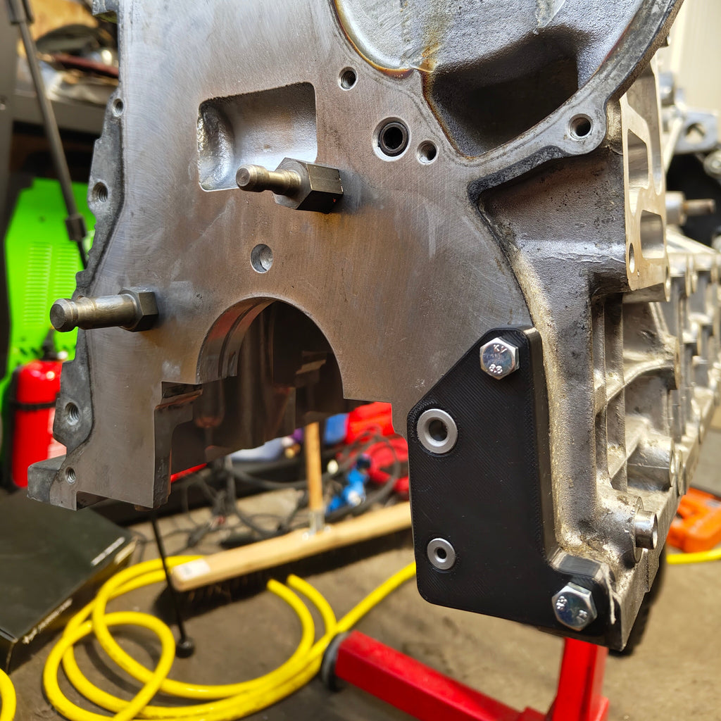 M54 Oil Pump Chain Tensioner Kit drill jig mounted on the engine block