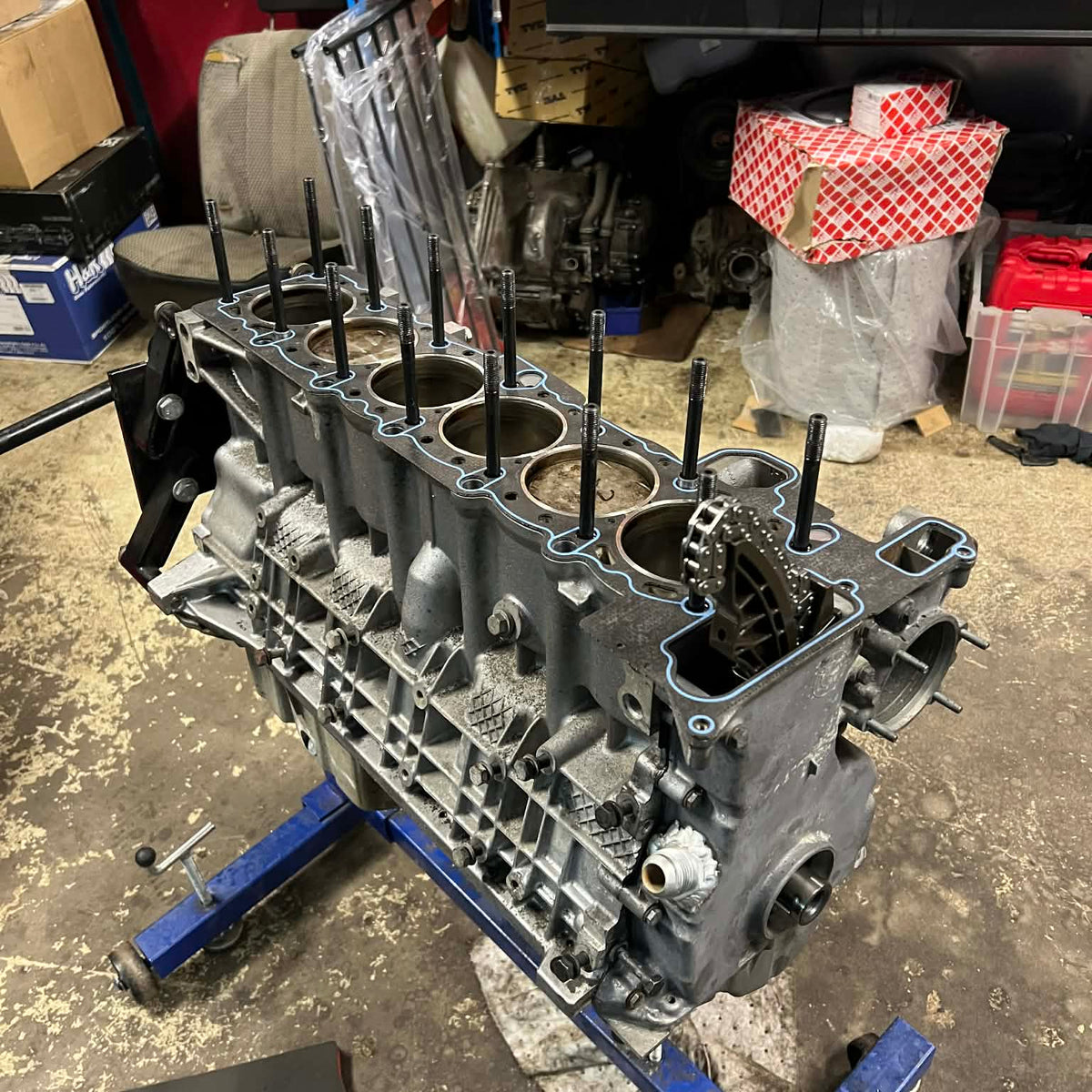 M54 block with threaded inserts and head studs installed