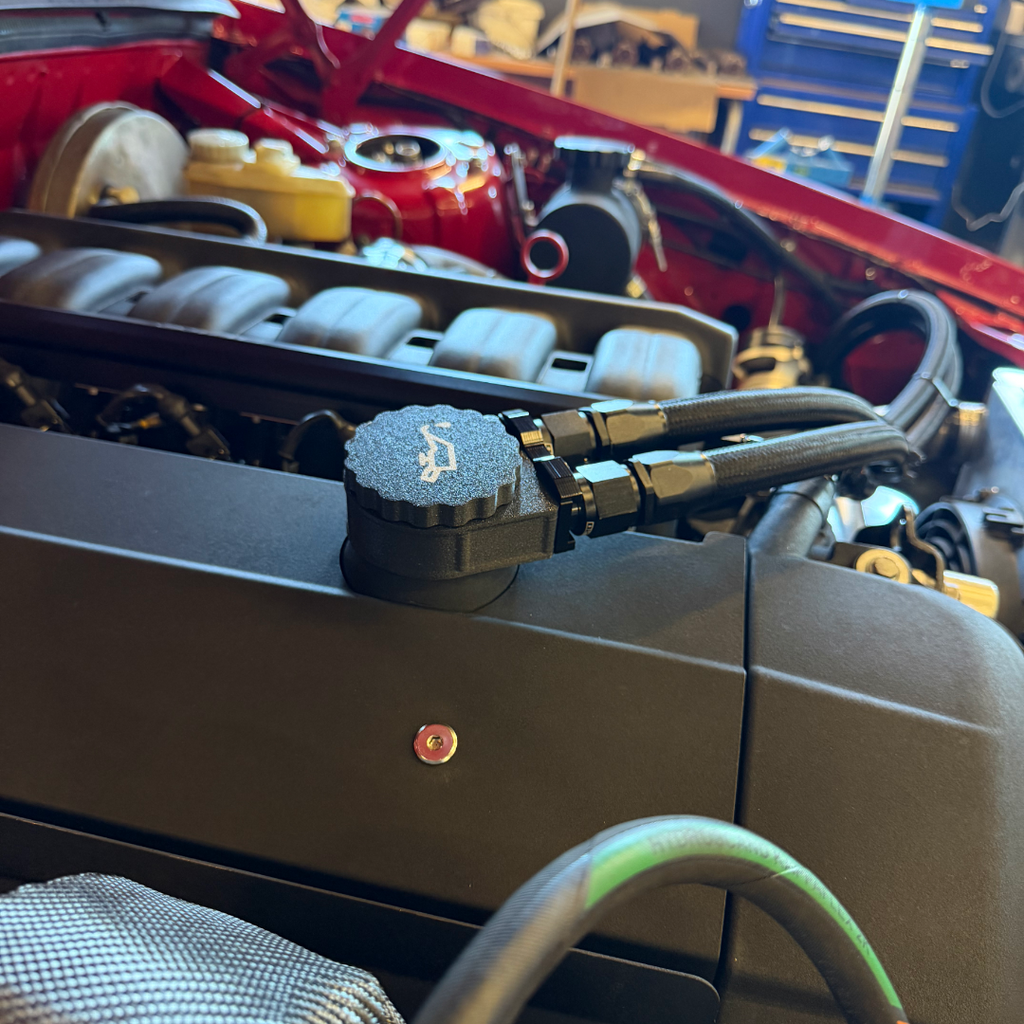 BMW Vented Oil Cap installed with AN10 catch can lines