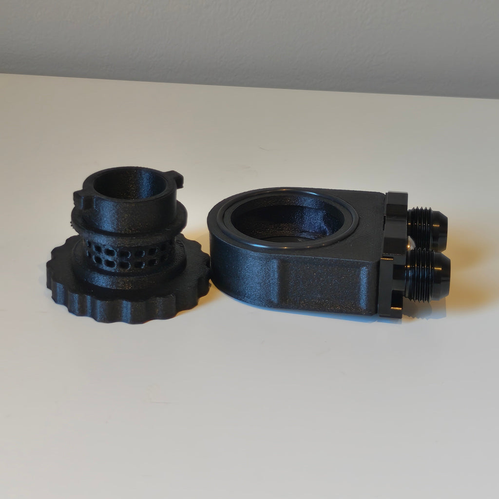 BMW Vented Oil Cap carbon fiber nylon - cap and AN10 adapter separated