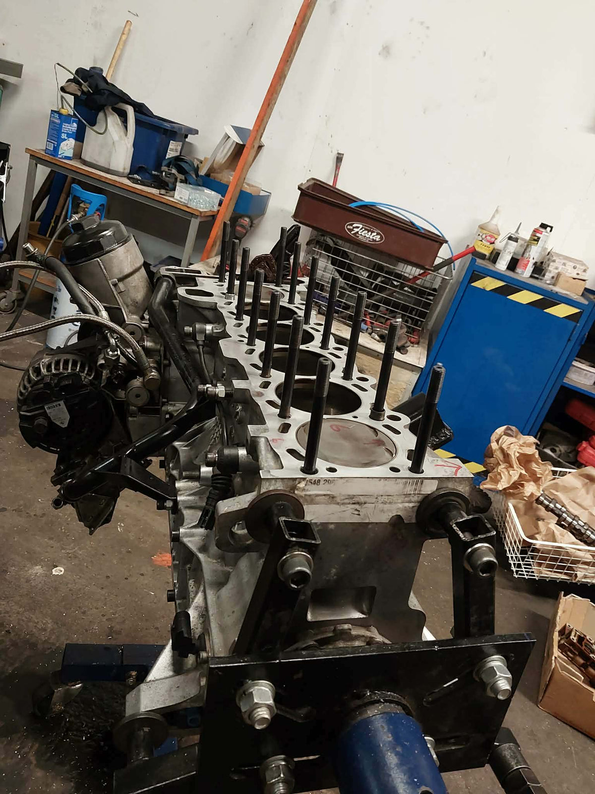 M54 block on an engine stand during thread insert installation